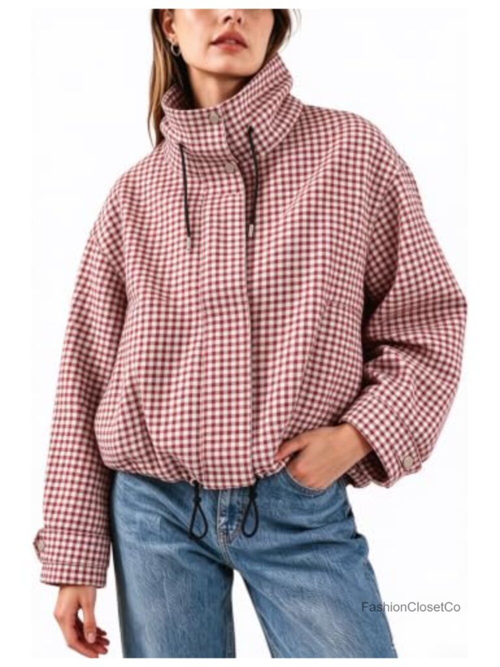 Gingham Zipper Bomber Jacket Cropped Lightweight